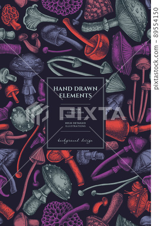 Forest mushrooms pattern card design. Hand drawn mushrooms, fly agaric, blewit, etc. 89554150