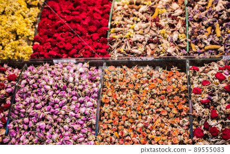 Dried tea,  fruits, herbs, flowers  at Istanbul Spice Bazaar 89555083