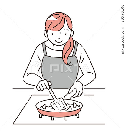 一個女人在爐盤裡煎配料 89556106