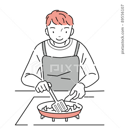 一個人在爐盤裡煎配料 89556107