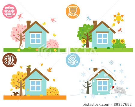 A set of illustrations of a house that imagines the changes of the four seasons 89557692