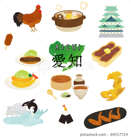 Aichi local gourmet and tourist attraction watercolor touch illustration Aichi local gourmet and tourist attraction watercolor touch illustration 89557724