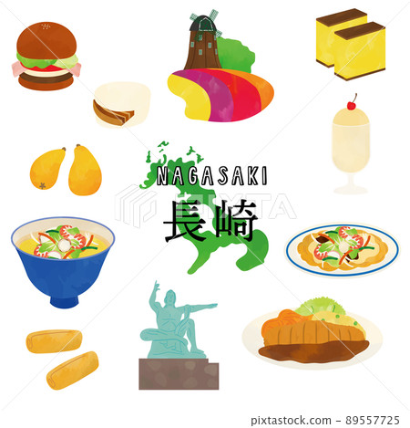 Nagasaki local gourmet and tourist attraction watercolor touch illustration 89557725