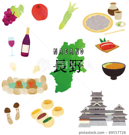 長野當地美食和旅遊勝地水彩觸摸插圖 89557726