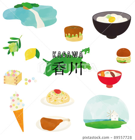 Kagawa local gourmet and tourist attraction watercolor touch illustration Kagawa local gourmet and tourist attraction watercolor touch illustration 89557728
