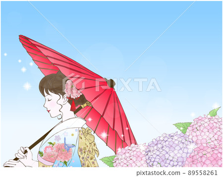 Hydrangea, Japanese umbrella and woman in sunny clothes (sideways, closed eyes) Hydrangea, Japanese umbrella and woman in sunny clothes (sideways, closed eyes) 89558261