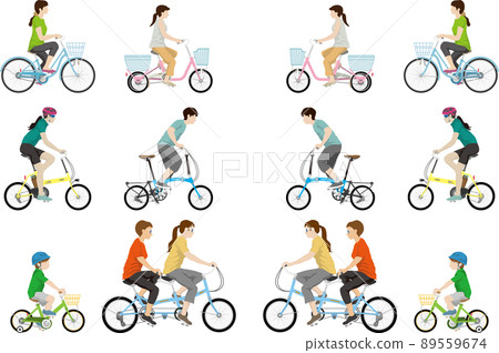 A set of people who ride various bicycles 89559674