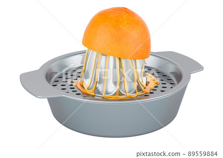 Citrus juicer manual squeezer with half an orange, 3D rendering Citrus juicer manual squeezer with half an orange, 3D rendering 89559884