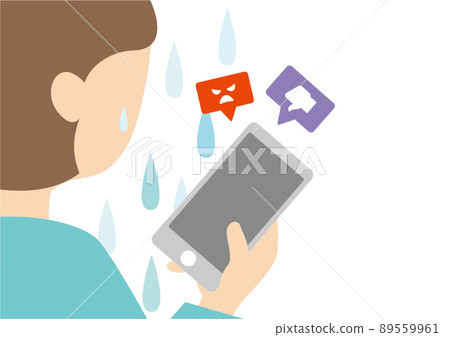 一個看起來很悲傷的女人看著智能手機屏幕的插圖 89559961