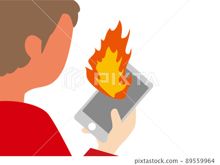 一個男人看著燃燒的智能手機屏幕的插圖 89559964