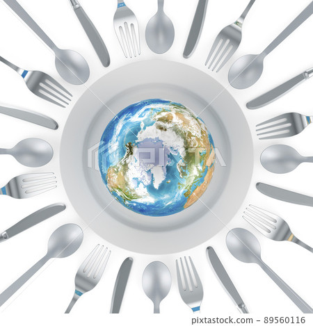 Earth Globe on the plate with knives, spoons and forks around, 3D rendering 89560116