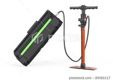 Toner cartridge with hand pump. Refill toner powder concept, 3D rendering 89560117