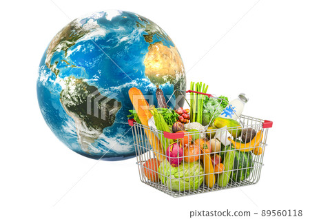 Shopping basket with products and Earth Globe. 3D rendering Shopping basket with products and Earth Globe. 3D rendering 89560118