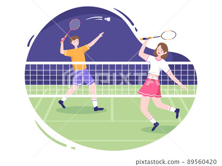 Badminton Player with Shuttle on Court in Flat Style Cartoon Illustration. Happy Playing Sport Game and Leisure Design 89560420