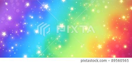 Rainbow fantasy background. Holographic illustration in pastel colors. Cute cartoon girly background. Bright multicolored sky with stars and bokeh. Vector. Rainbow fantasy background. Holographic illustration in pastel colors. Cute cartoon girly background. Bright multicolored sky with stars and bokeh. Vector. 89560565