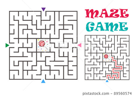 Square maze labyrinth game for kids. Logic conundrum with candy. Three entrance and one right way to go. Vector flat illustration Square maze labyrinth game for kids. Logic conundrum with candy. Three entrance and one right way to go. Vector flat illustration 89560574