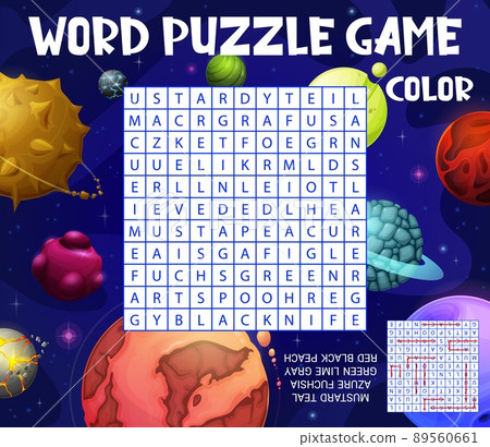 Cartoon galaxy space planets word search vector puzzle game worksheet. Kids quiz grid or education riddle with what color task, alien world universe colorful planets and stars on dark space background 89560661
