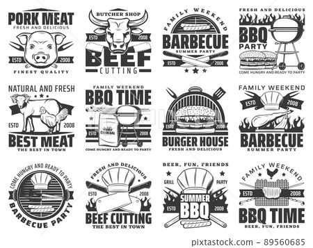 Barbeque meat, bbq icons vector pork, chicken, mutton and beef sausages on grill. BBQ summer party symbols hamburger, butchers hat, turner and fork on grilling machine, fastfood isolated signs set 89560685