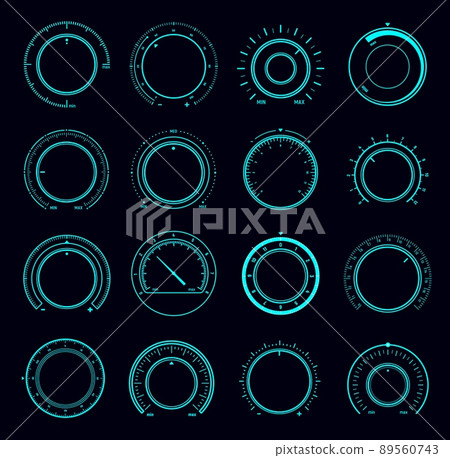 HUD dial interface, volume round knob switch and music sound control regulators. Vector head up display digital buttons of Sci Fi or futuristic game UI, sound level knobs with max min scales 89560743