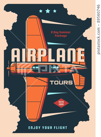 Airplane travel tours vintage poster of retro plane flights, old aircraft show and air travel. Vector propeller engine plane, biplane or monoplane flying in sky, classic aviation or air transportation 89560746