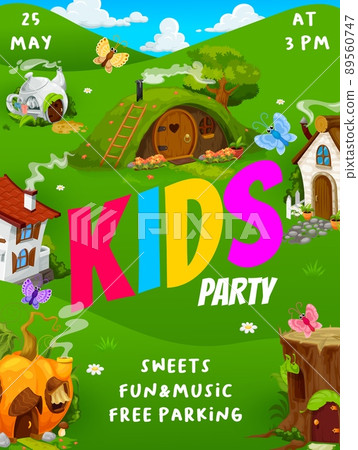 Kids party vector flyer with cartoon village of gnome and elf houses. Children event, kindergarten or school holiday celebration invitation, fairy homes and hut made of tree stump, pumpkin and teapot Kids party vector flyer with cartoon village of gnome and elf houses. Children event, kindergarten or school holiday celebration invitation, fairy homes and hut made of tree stump, pumpkin and teapot 89560747