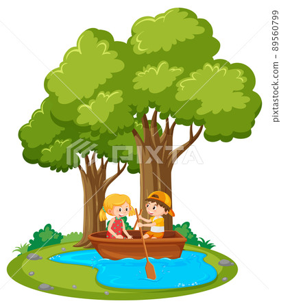 Boy and girl paddle the boat in the pond Boy and girl paddle the boat in the pond 89560799