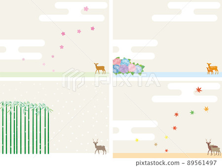 Japanese four seasons, spring, summer, autumn and winter and landscape illustrations with deer 89561497