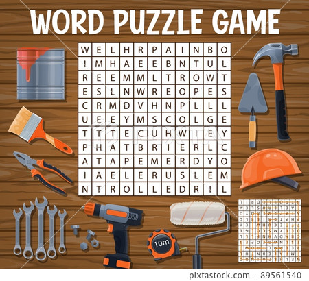 Builder tools, word search puzzle quiz game worksheet vector grid. Word search game to find words of carpentry, masonry and woodworking tools, hammer, wrench and bolts with drill 89561540