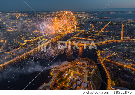 Festive salute over the Peter and Paul Fortress in a significant Victory Day for the country on May 9, improbable quantity of ships observes a show, an eternal flame of memory burns on rostral colons 89561970