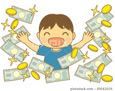 A person who is overjoyed surrounded by glittering bills and gold coins (with a main line) 89562029