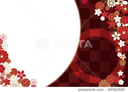日式風格的新年賀卡設計。棋盤格圖案,日式花卉圖案。 日式風格的新年賀卡設計。棋盤格圖案,日式花卉圖案。 89562605