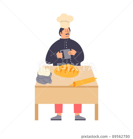 Baker with mustache preparing a loaf of bread flat vector illustration isolated. 89562780