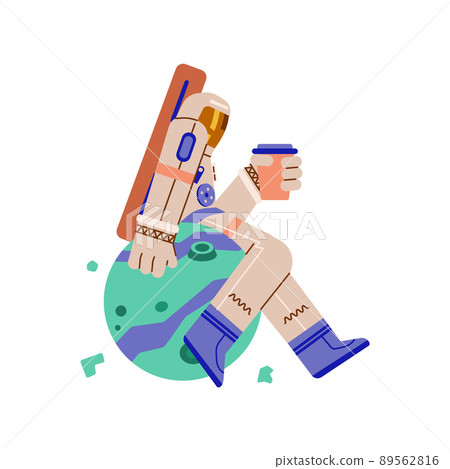 Astronaut sits on planet drinking coffee, flat vector illustration isolated. 89562816