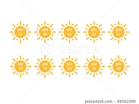 SPF protection from 10 to 55 icon vector set UV block symbols sunscreen skincare cosmetics packaging labels for graphic design, logo, website, social media, mobile app, UI illustration 89562890