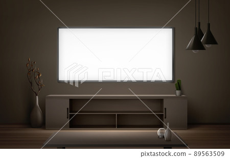 Living room with wide lcd tv screen at night Living room with wide lcd tv screen at night 89563509