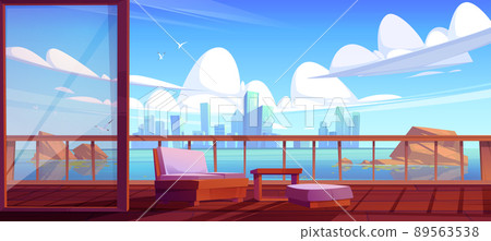 City skyline view from wooden terrace home veranda 89563538