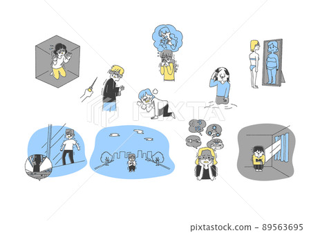 A set of people with various mental illnesses and symptoms. Warm handwritten illustrations of people. 89563695