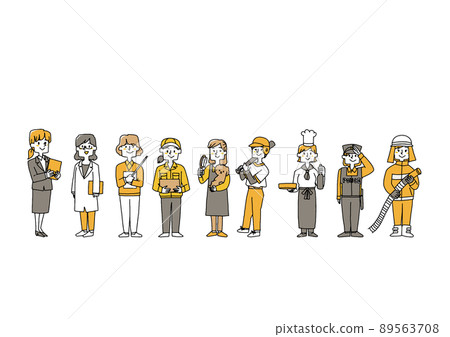 一組女性在其中發揮積極作用的各種職業 可笑的手寫人物 矢量、線條畫和顏色 89563708