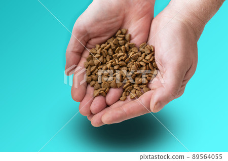 Pet food in open man's palms opposite turquoise background. Adult Male holding dry cat food in his hands. T 89564055