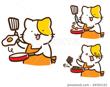 Handwritten style illustration set of cute cat character cooking in a frying pan Handwritten style illustration set of cute cat character cooking in a frying pan 89564181