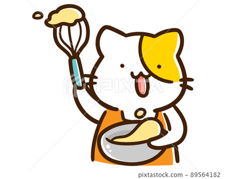 Handwritten style illustration of a cute cat character making sweets 89564182