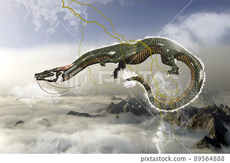 一條古老的日本傳說中的龍在朦朧的天空中飛翔 89564888