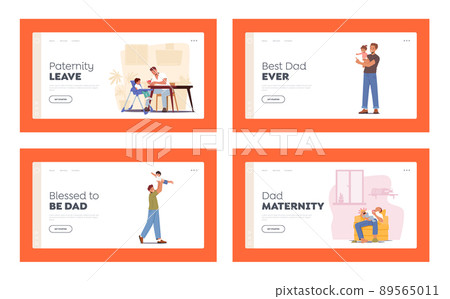 Single Father Raising Child Landing Page Template Set. Dad Feed Son, Play with Toddler, Tired Dad Sleep. Happy Family 89565011