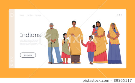 Indians Landing Page Template. Happy Indian Family Young and Old Male Female Characters Parents, Grandparents and Kids 89565117