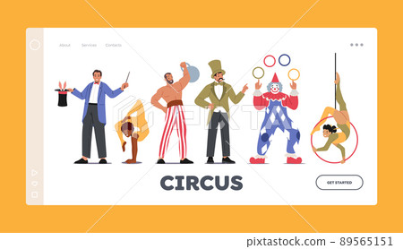 Circus Artists Landing Page Template. Magician with Rabbit, Gymnast and Acrobat, Strongman with Dumbbell 89565151