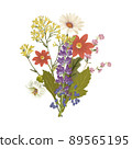 Bouquet with wild flowers and leaves. Vintage illustration for fabric design. Foliage illustration. Trendy floral 89565195