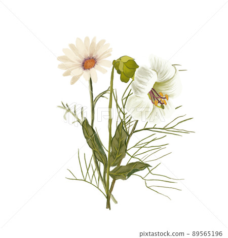 Bouquet with wild flowers and leaves. Vintage illustration for fabric design. Foliage illustration. Trendy floral Bouquet with wild flowers and leaves. Vintage illustration for fabric design. Foliage illustration. Trendy floral 89565196