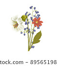 Bouquet with wild flowers and leaves. Vintage illustration for fabric design. Foliage illustration. Trendy floral 89565198