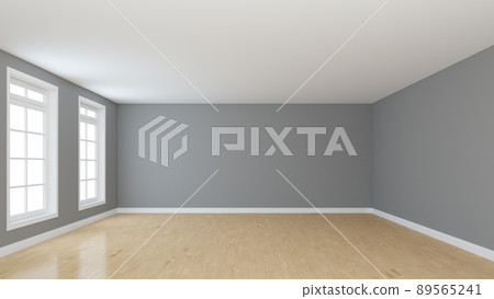 Beautiful Empty Interior with Two Windows, Light Parquet, Grey Walls and a White Plinth. Perspective View. High Quality 3D Rendering with a Work Path on the Windows. 8K Ultra HD, 7680x4320 89565241