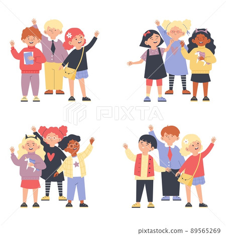 Kids waving hands groups set flat cartoon vector illustration isolated on white. Kids waving hands groups set flat cartoon vector illustration isolated on white. 89565269